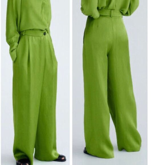 Zara green high waisted saint effect front cross over wrap pleated wide leg pant - Picture 4 of 13